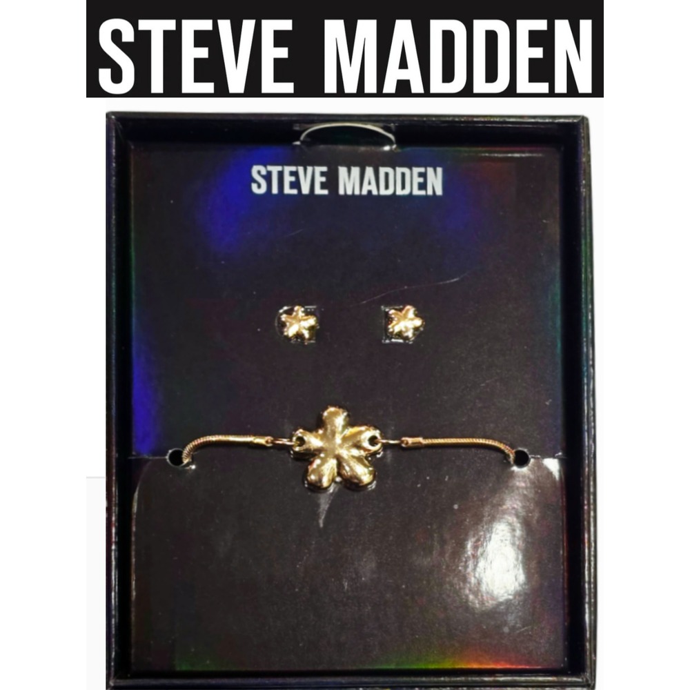 Steve Madden Flower Design Stud Earring & Adjustable Bracelet Set